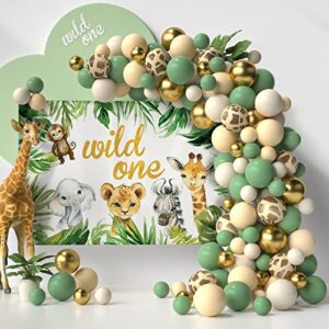 sage green balloon garland with backdrop 59*40 inch, 5 in 1 color safari jungle theme balloons arch - giraffe grain apricot gold white sand balloons set for baby shower 1st boys birthday party decor