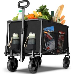 tempera collapsible foldable wagon with 220lbs weight capacity, folding wagon with all-terrain wheels, havy duty utility wagon for sports, grocery, garden, beach, black