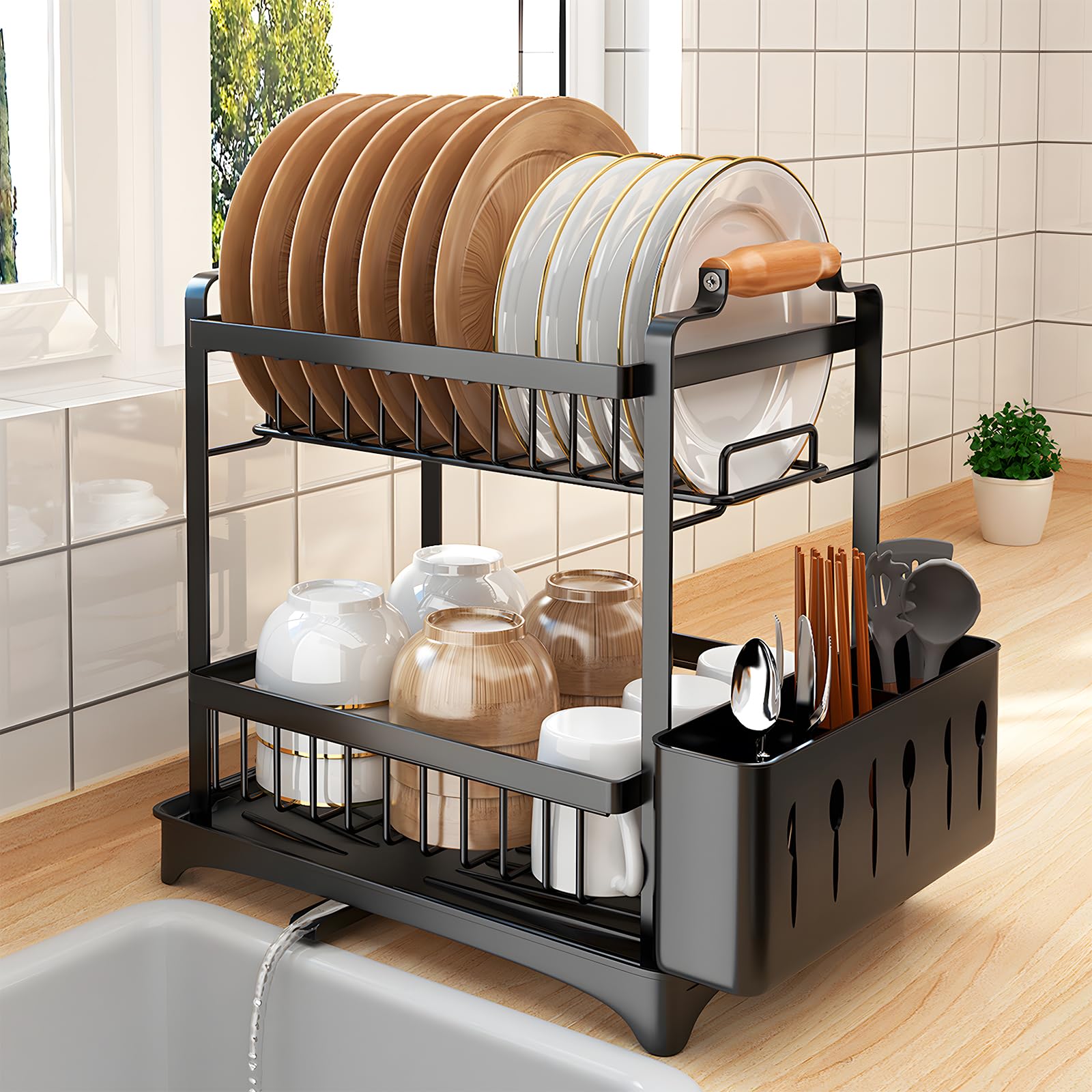 Santentre 2-Tier Dish Drying Rack with Removable Utensil Holder, Over Sink Dish Drying Rack for Space Saver, Dish Drainers for Kitchen Counter, Rust Resistant Stainless Steel Dish Rack, Black