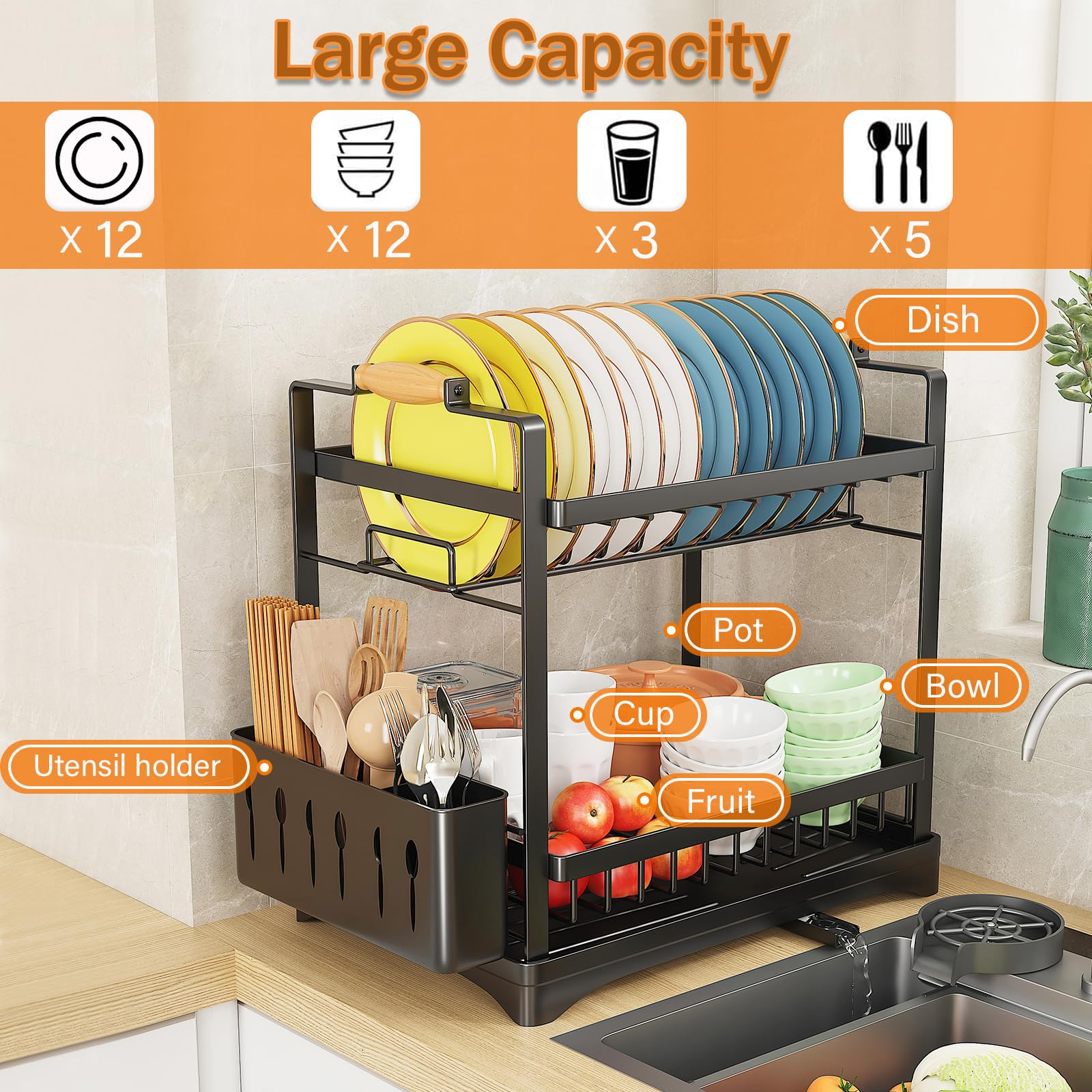 Santentre 2-Tier Dish Drying Rack with Removable Utensil Holder, Over Sink Dish Drying Rack for Space Saver, Dish Drainers for Kitchen Counter, Rust Resistant Stainless Steel Dish Rack, Black