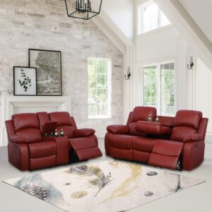 Ocstta Manual Leather Recliner Sofa Set for Living Room Furniture Set,Leather Recliner Couch Set for Home/Office,Leather Reclining Sofa Set for 3-Pieces(Sofa+Loveseat+Chair) Red