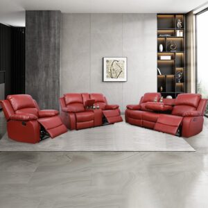 Ocstta Manual Leather Recliner Sofa Set for Living Room Furniture Set,Leather Recliner Couch Set for Home/Office,Leather Reclining Sofa Set for 3-Pieces(Sofa+Loveseat+Chair) Red