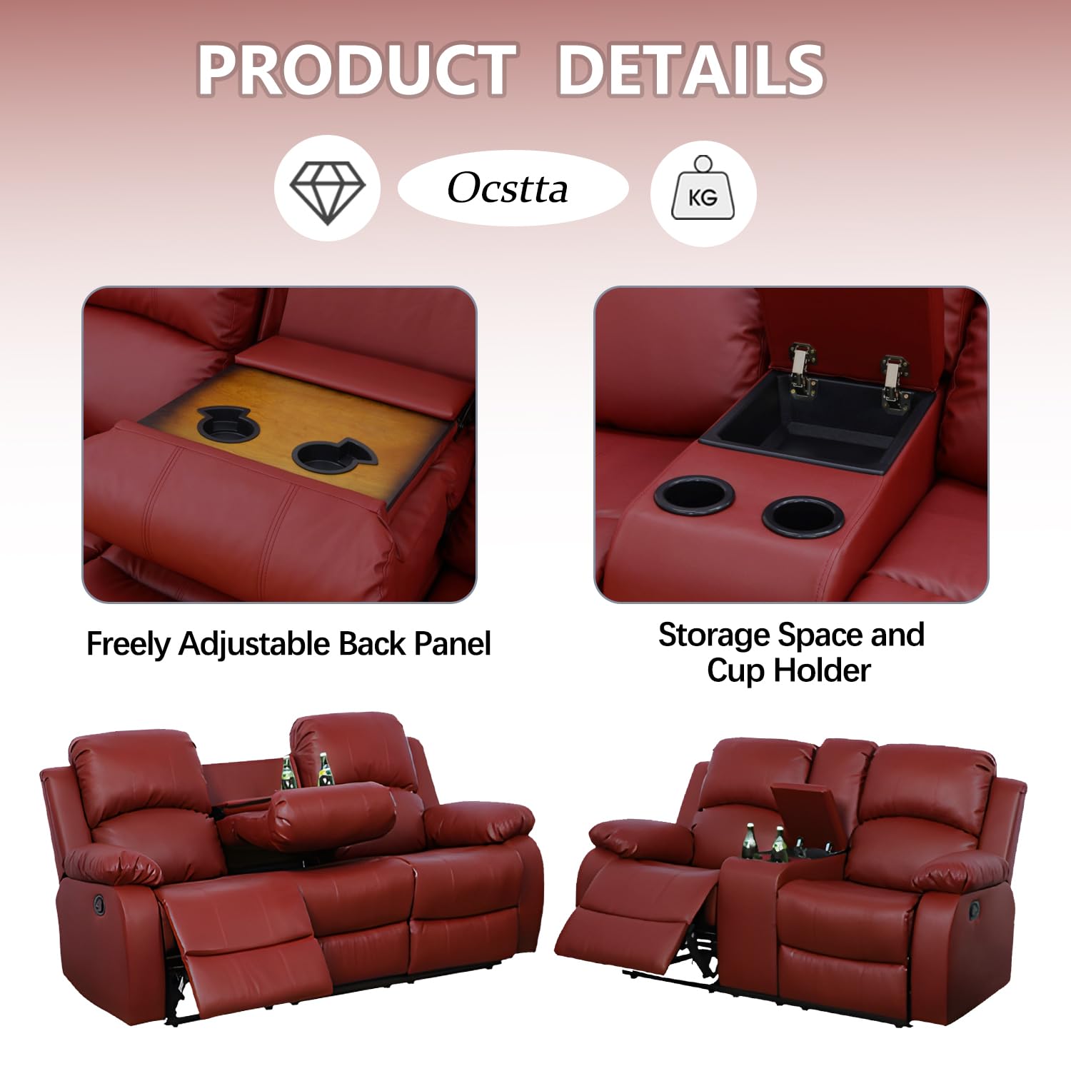 Ocstta Manual Leather Recliner Sofa Set for Living Room Furniture Set,Leather Recliner Couch Set for Home/Office,Leather Reclining Sofa Set for 3-Pieces(Sofa+Loveseat+Chair) Red