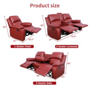 Ocstta Manual Leather Recliner Sofa Set for Living Room Furniture Set,Leather Recliner Couch Set for Home/Office,Leather Reclining Sofa Set for 3-Pieces(Sofa+Loveseat+Chair) Red