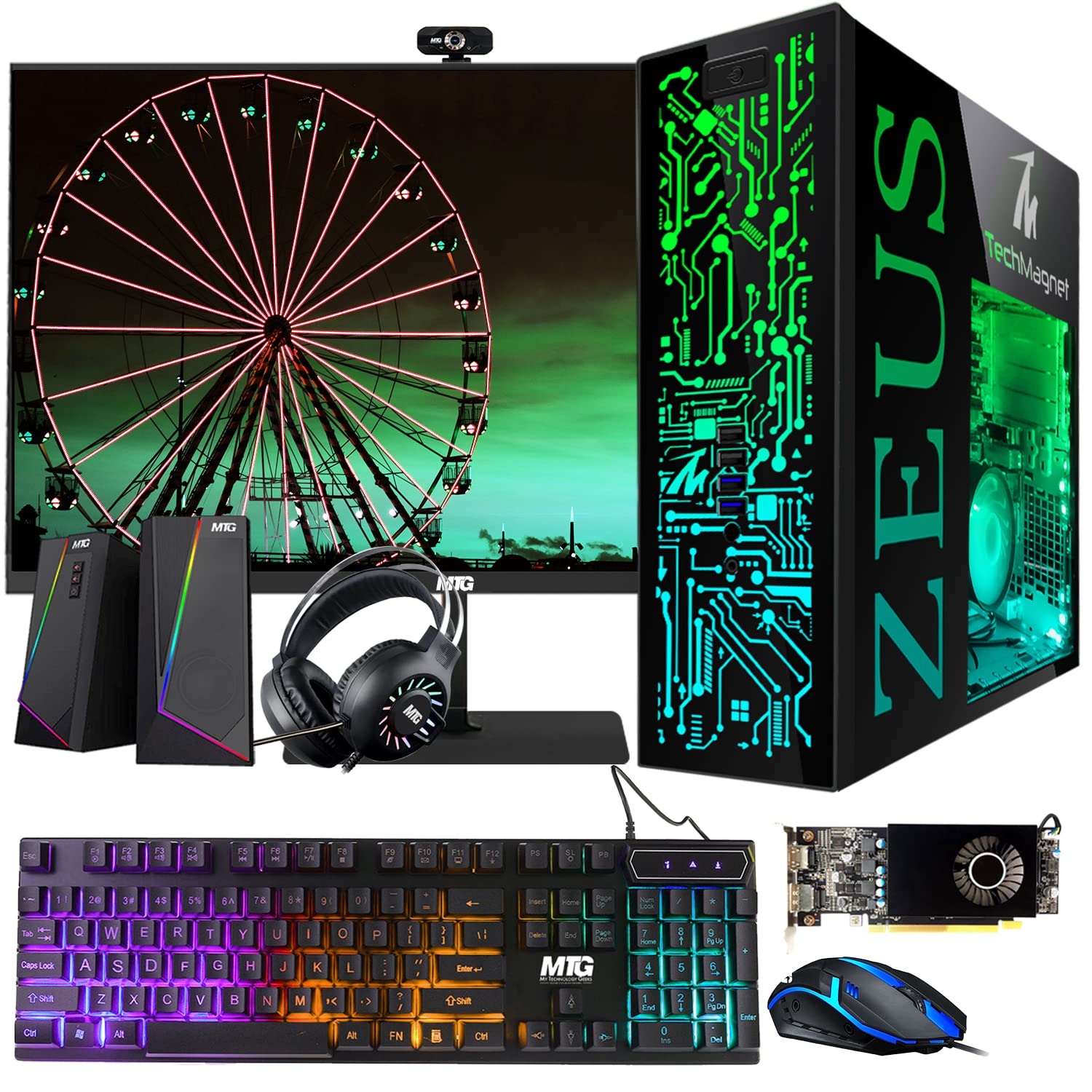 Gaming Desktop PC, Intel i5 6th Gen, TechMagnet Zeus Pro 6, RX 550, 16GB ARGB RAM, 256GB SSD + 1TB HDD 22 Inch Monitor, RGB Keyboard Mouse, Speaker, Headphone, Webcam, Win 10 Pro (Renewed)