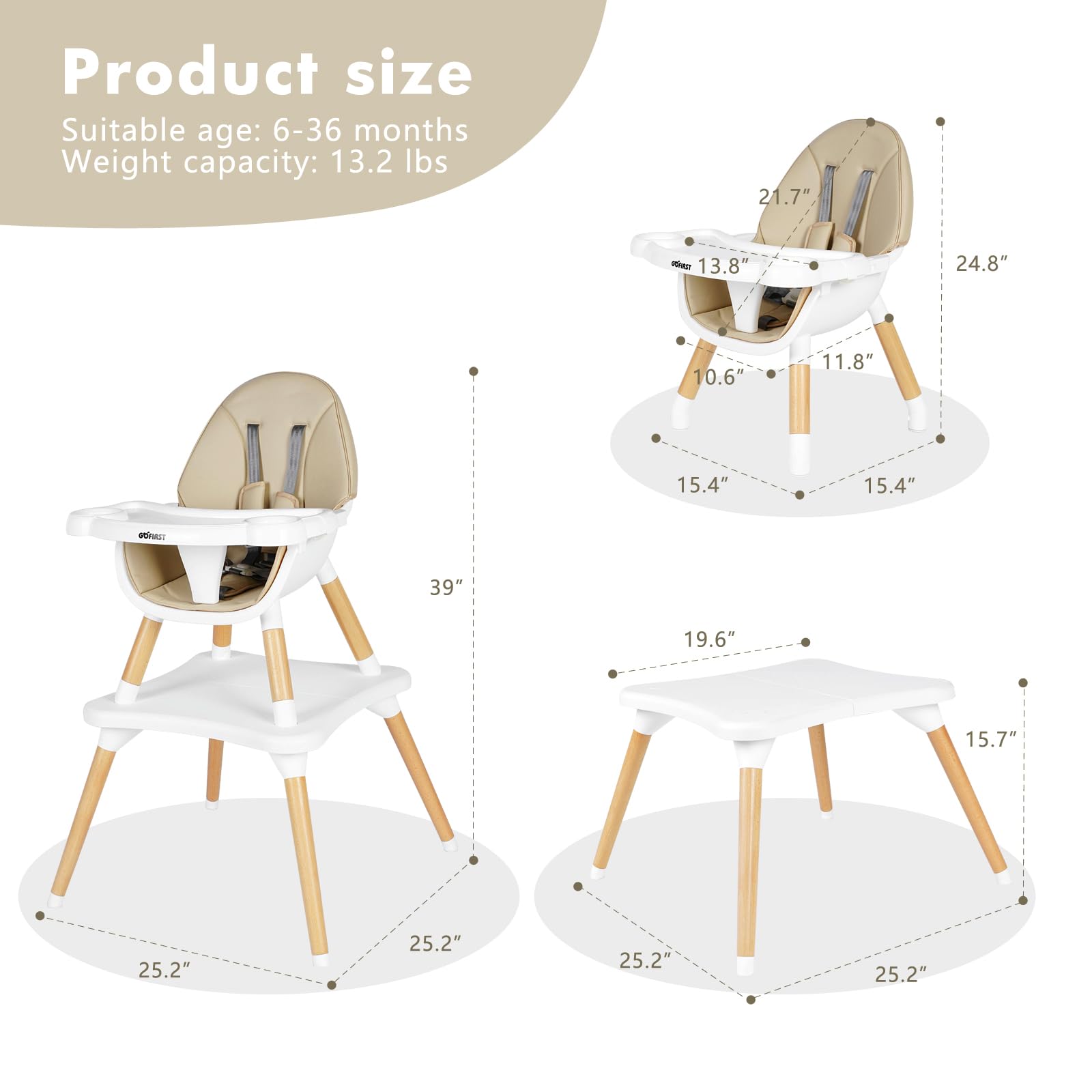Gofirst 6 in 1 Baby High Chair,Convertible Wooden High Chairs for Babies and Toddlers,Infant Dining Booster Seat,Building Block Table/Baby Highchair 4-Position Removable Baby Feeding Chair