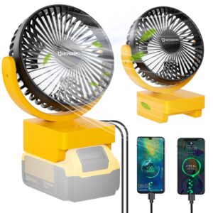 Uniqwamo Jobsite Battery Operated Fan For Dewalt 20V/60V Max DCB204 DCB205 DCB206 DCB203 DCB201 DCB207 DCB180 DCB181 Lithium-Ion Battery, Cordless Fan For Dewalt With 3 Speeds Control，USB +Type C