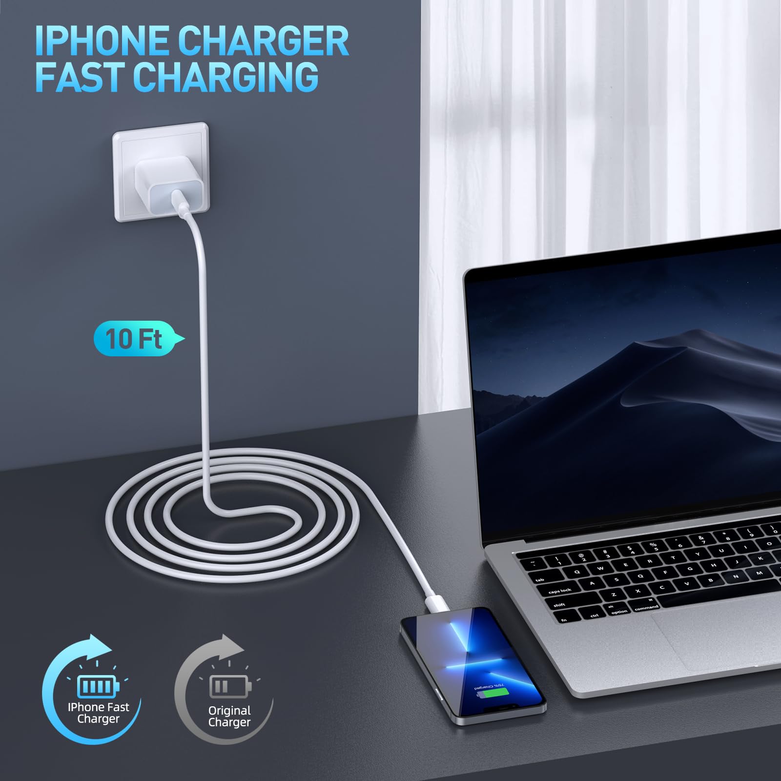 Fast Charger iPhone,3Pack Apple Charger 10 FT iPhone Charger Fast Charging[Apple MFi Certified] USB C Wall Charger,Long 10 Foot USB C to Lightning Cable for iPhone 14 Pro Max/13 Pro/12 MINI/11/SE/XS