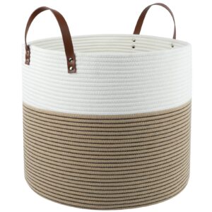 oiahomy laundry basket- rope basket large storage basket with handles,modern decorative woven basket for living room,storage baskets for toys, throws, pillows,and towels -18" 18"×15"-white&yellow