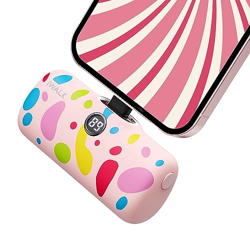 iWALK Small Portable Charger with Pattern, 4800mAh Colorful Mini Power Bank PD Fast Charging Cute Battery Pack with LED Display Compatible with iPhone 14/14 Pro Max/13/12/11/X/8/7/6 Series, Pink