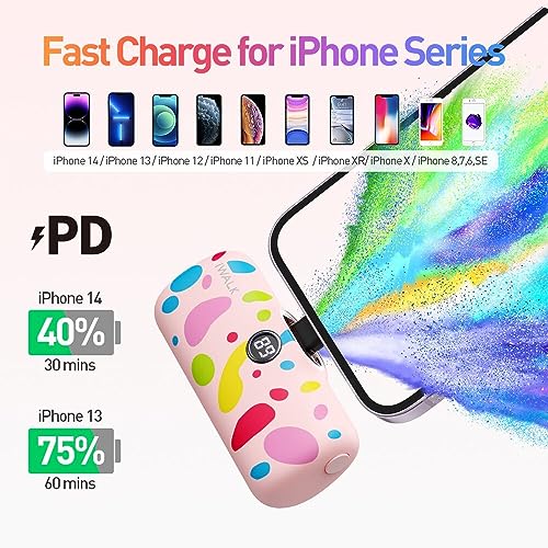 iWALK Small Portable Charger with Pattern, 4800mAh Colorful Mini Power Bank PD Fast Charging Cute Battery Pack with LED Display Compatible with iPhone 14/14 Pro Max/13/12/11/X/8/7/6 Series, Pink