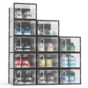 hrrsaki xx-large 12 pack shoe storage boxes, shoe boxes clear plastic stackable, shoe organizer boxes with lids, shoe container boxes for closet, black
