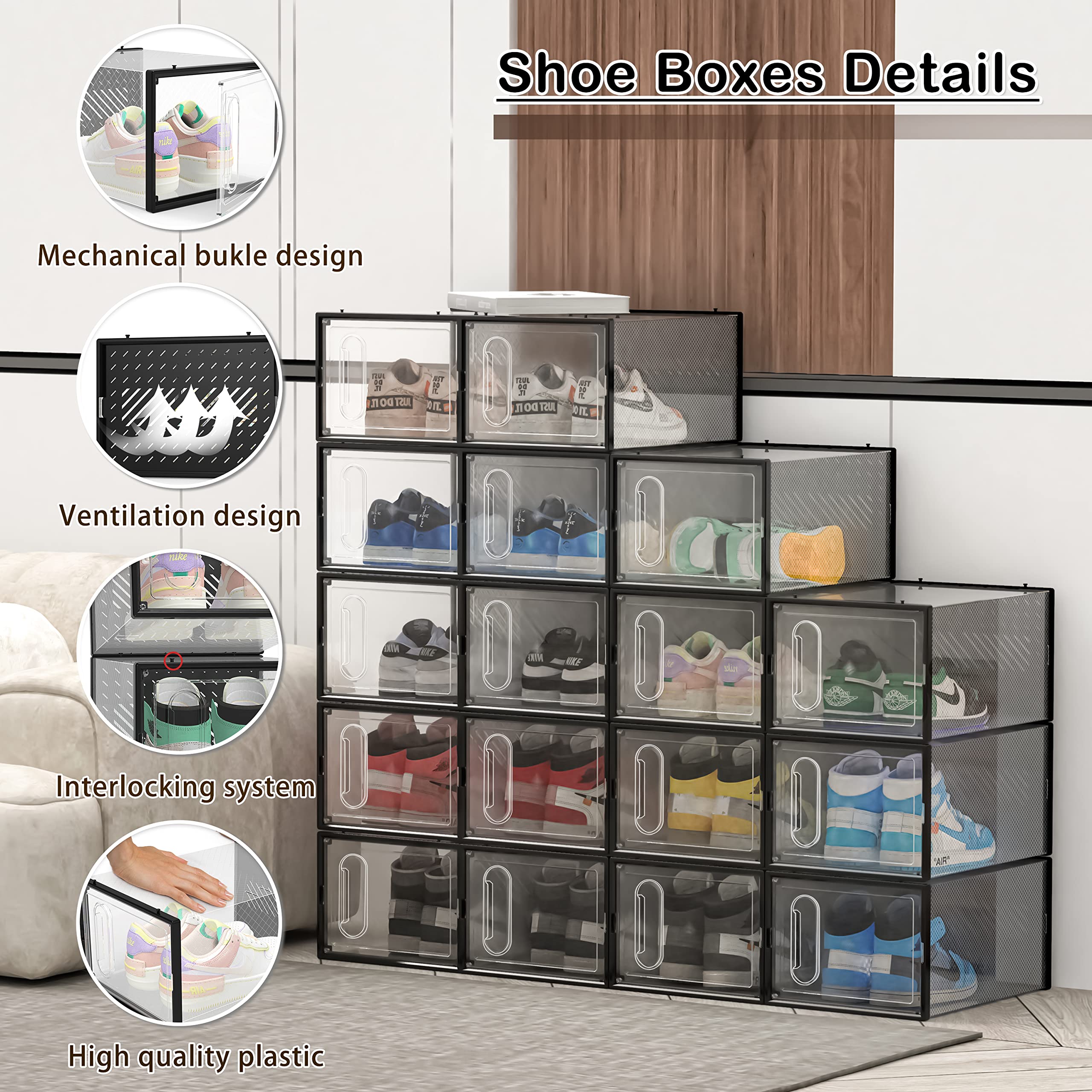 Hrrsaki XX-Large 12 Pack Shoe Storage Boxes, Shoe Boxes Clear Plastic Stackable, Shoe Organizer Boxes with Lids, Shoe Container Boxes for Closet, Black