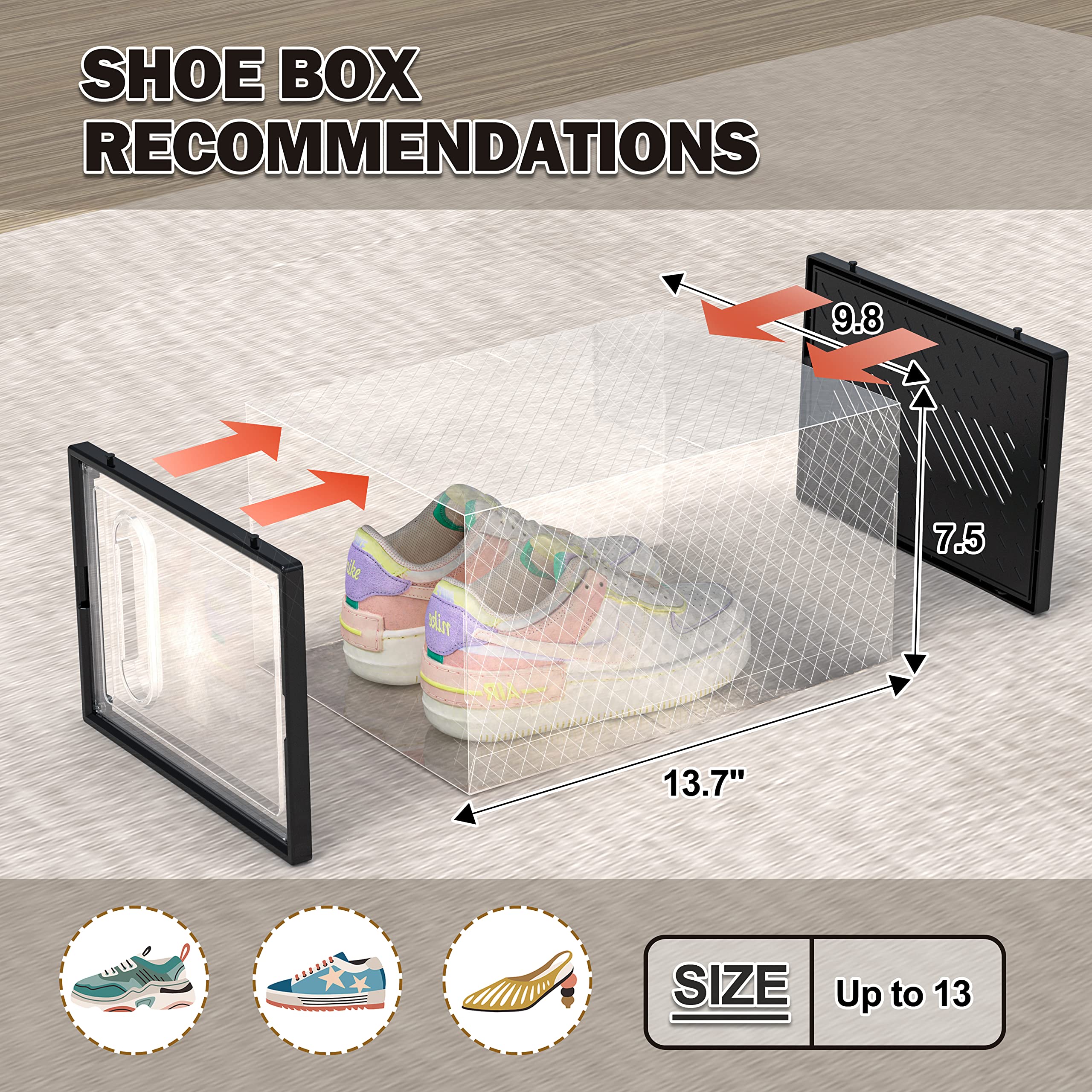 Hrrsaki XX-Large 12 Pack Shoe Storage Boxes, Shoe Boxes Clear Plastic Stackable, Shoe Organizer Boxes with Lids, Shoe Container Boxes for Closet, Black