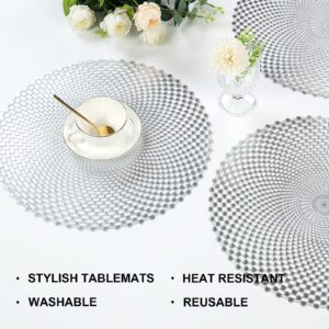 Crisjanggo Silver Metallic Placemats Set of 6 Pressed Vinyl Round Tablemats Simple Hollow Out Design Mats Washable Stain Resistant Nonslip Place Mat for Dining Table Wedding Party Decoration