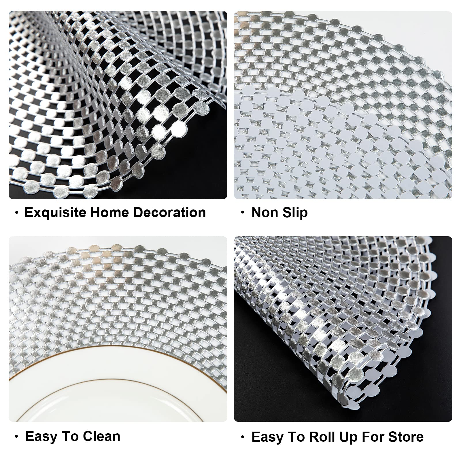 Crisjanggo Silver Metallic Placemats Set of 6 Pressed Vinyl Round Tablemats Simple Hollow Out Design Mats Washable Stain Resistant Nonslip Place Mat for Dining Table Wedding Party Decoration