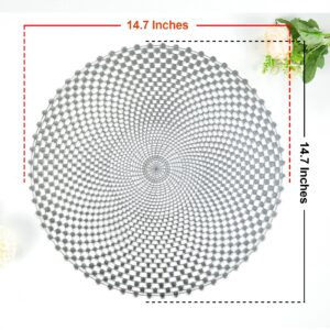 Crisjanggo Silver Metallic Placemats Set of 6 Pressed Vinyl Round Tablemats Simple Hollow Out Design Mats Washable Stain Resistant Nonslip Place Mat for Dining Table Wedding Party Decoration