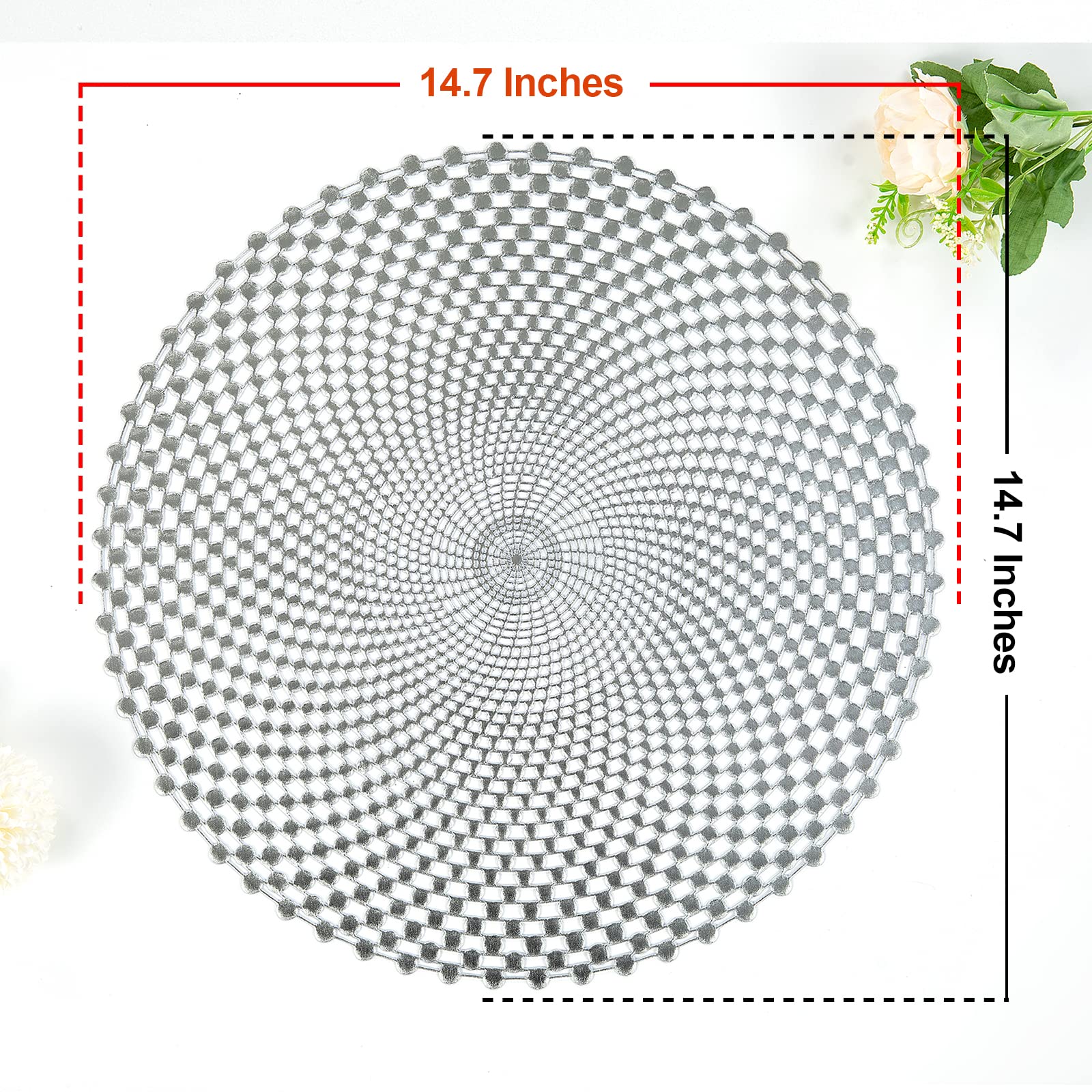 Crisjanggo Silver Metallic Placemats Set of 6 Pressed Vinyl Round Tablemats Simple Hollow Out Design Mats Washable Stain Resistant Nonslip Place Mat for Dining Table Wedding Party Decoration