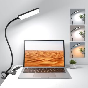 mongery led desk lamp with clamp for home office, dimmable clip on desk light with usb port, 3 color modes 11 brightness flexible gooseneck reading lamp for studying working, black