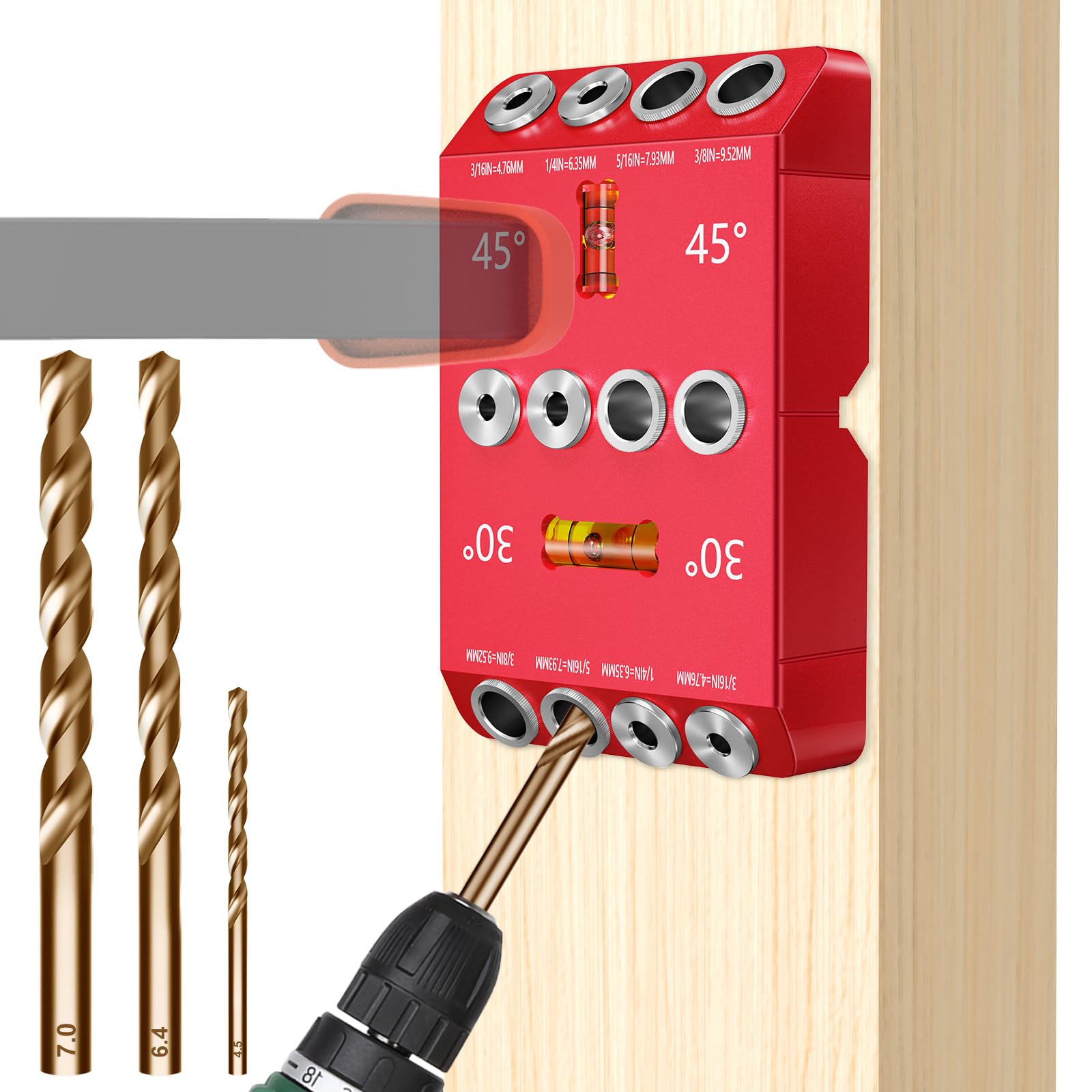 CKE 30 45 90 Degree Angle 4 Sizes Drill Hole Guide Jig with 3 Drill Bits for Angled Straight Hole, Deck Cable Railing Lag Screw Drilling Template Block for Horizontal Cable Wood Post Handrail DG02