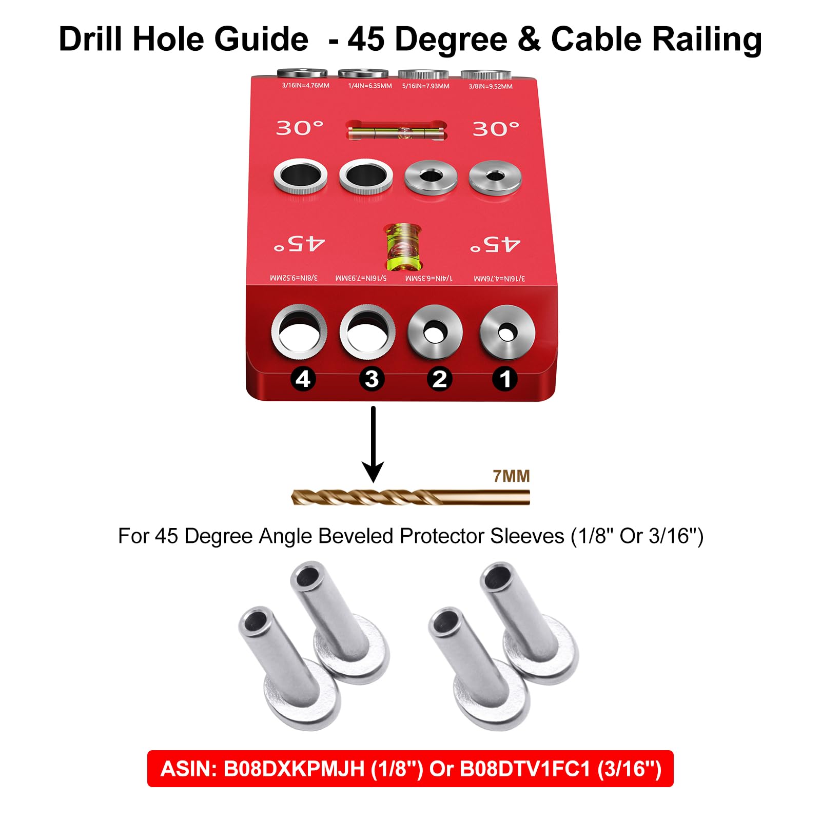 CKE 30 45 90 Degree Angle 4 Sizes Drill Hole Guide Jig with 3 Drill Bits for Angled Straight Hole, Deck Cable Railing Lag Screw Drilling Template Block for Horizontal Cable Wood Post Handrail DG02