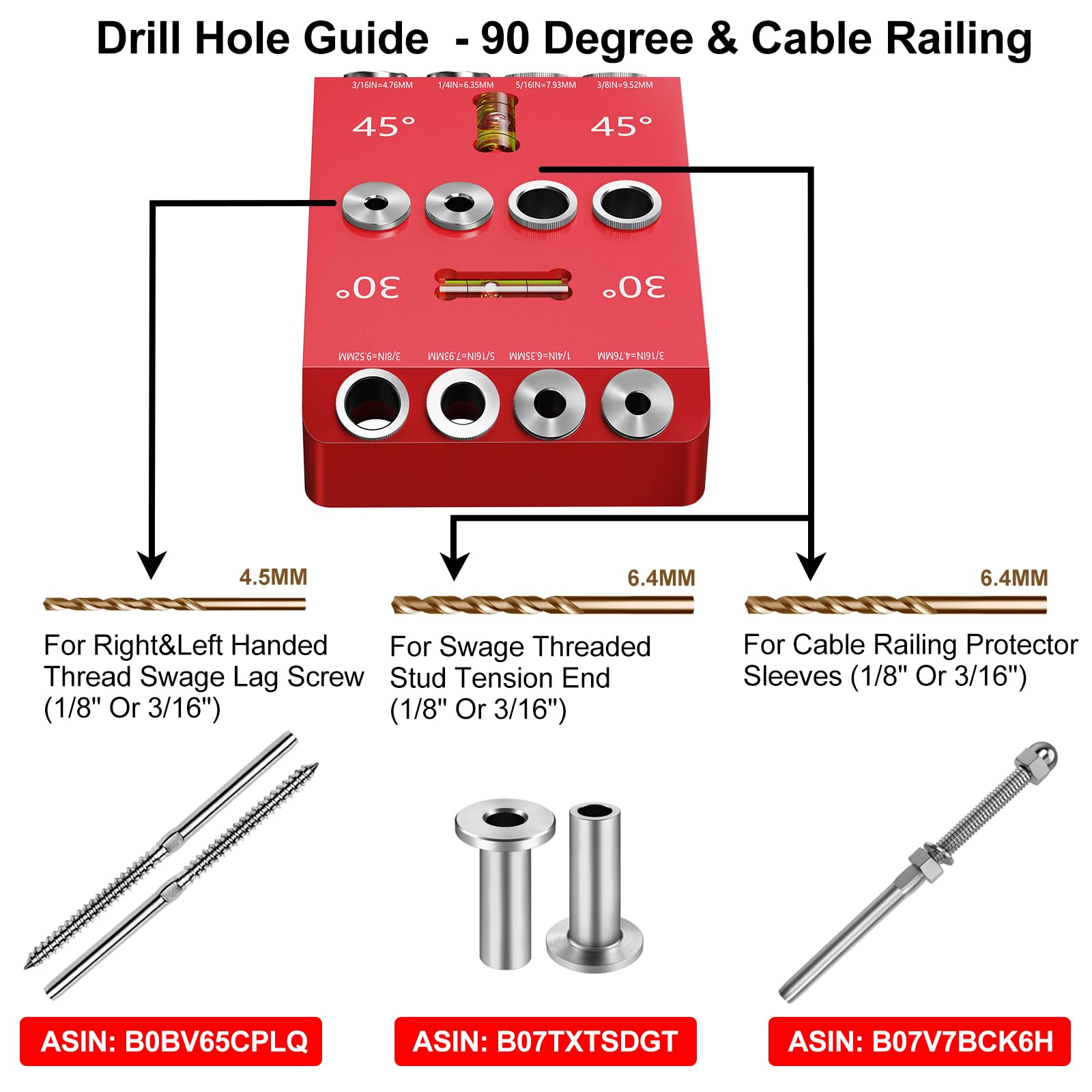 CKE 30 45 90 Degree Angle 4 Sizes Drill Hole Guide Jig with 3 Drill Bits for Angled Straight Hole, Deck Cable Railing Lag Screw Drilling Template Block for Horizontal Cable Wood Post Handrail DG02