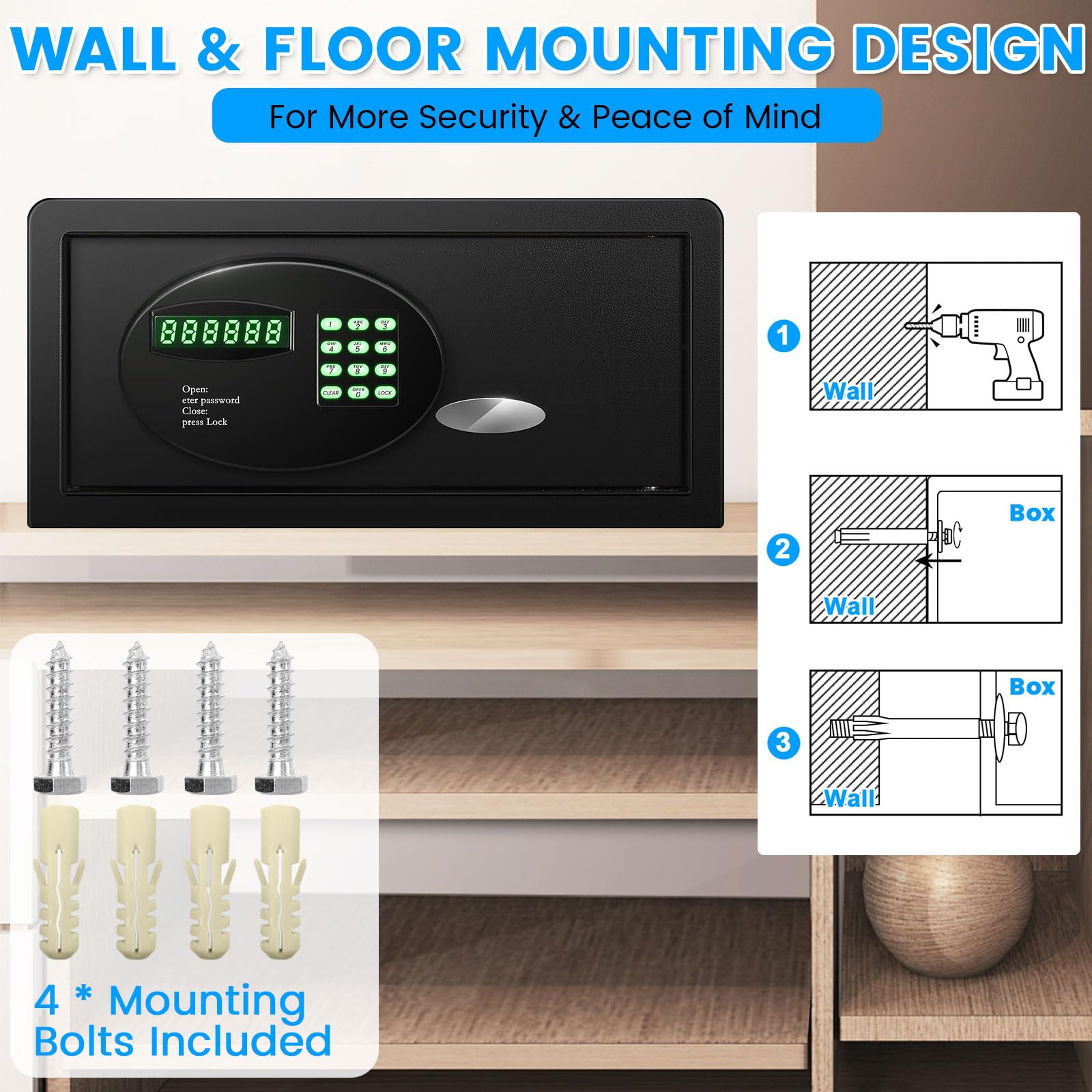 1.25 Cu ft Home Safe Fireproof Waterproof, Hotel Safe Box with Programmable Electronic Keypad & Spare Keys, Steel Security Safe with USB Port, Fireproof Safe for Laptop A4 Documents Jewelry Medicine