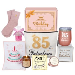 85th birthday gifts for women, insulated tumbler birthday gifts basket for 85 year old woman, unique birthday gift box ideas for her mom grandma sister wife best friend turning 85