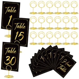 31 sets black table number cards with gold table number holders, 1-30 table numbers cards head table card 2 inch gold place cards holder stands for wedding anniversary (black, gold)