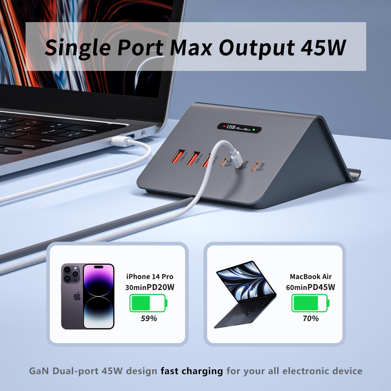 VPSUN 100W USB C Charging Station for Multiple Devices - 6 Ports USB Charger Block with 15W Wireless Charging for 45W Laptop,MacBook air/pro,iPhone Series, Samsung Series etc. (100W 3C3A Gray)