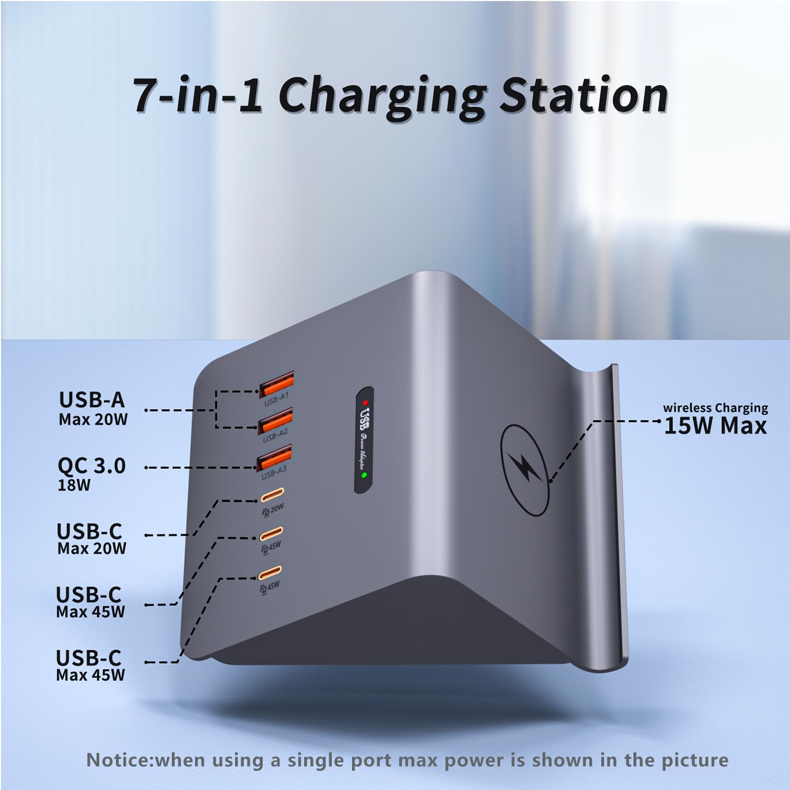 VPSUN 100W USB C Charging Station for Multiple Devices - 6 Ports USB Charger Block with 15W Wireless Charging for 45W Laptop,MacBook air/pro,iPhone Series, Samsung Series etc. (100W 3C3A Gray)