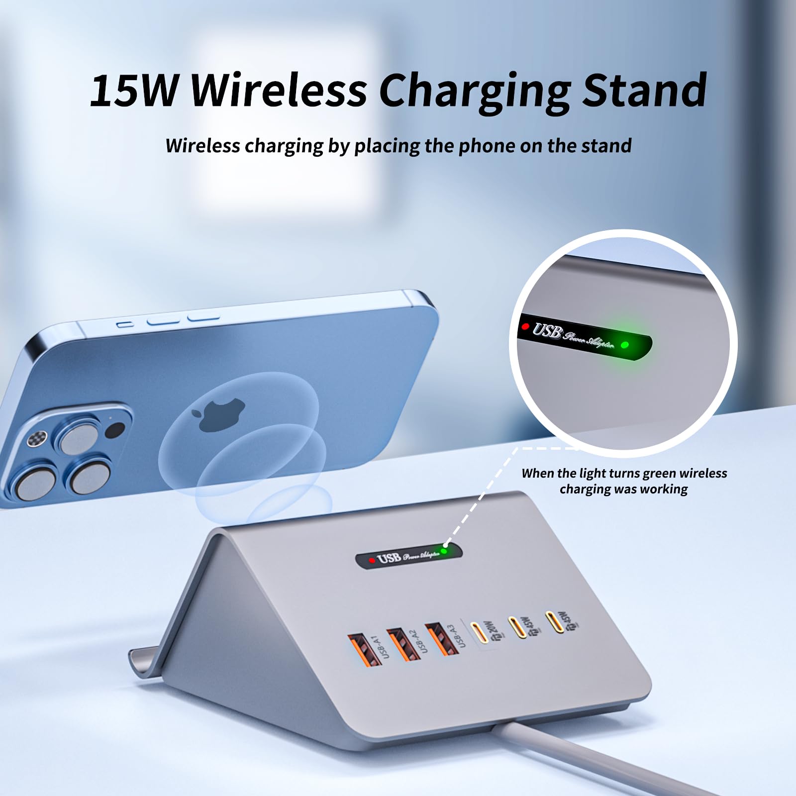 VPSUN 100W USB C Charging Station for Multiple Devices - 6 Ports USB Charger Block with 15W Wireless Charging for 45W Laptop,MacBook air/pro,iPhone Series, Samsung Series etc. (100W 3C3A Gray)