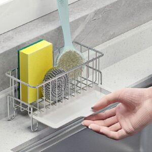 Sponge Holder Kitchen Sink Caddy Organizer,304 Stainless Steel Sink Soap Dispenser Caddy Rustproof Sink Rack Kitchen Sink Sponge Holder Soon Neat Sink Caddy Basket with Removable Divider Drain Tray