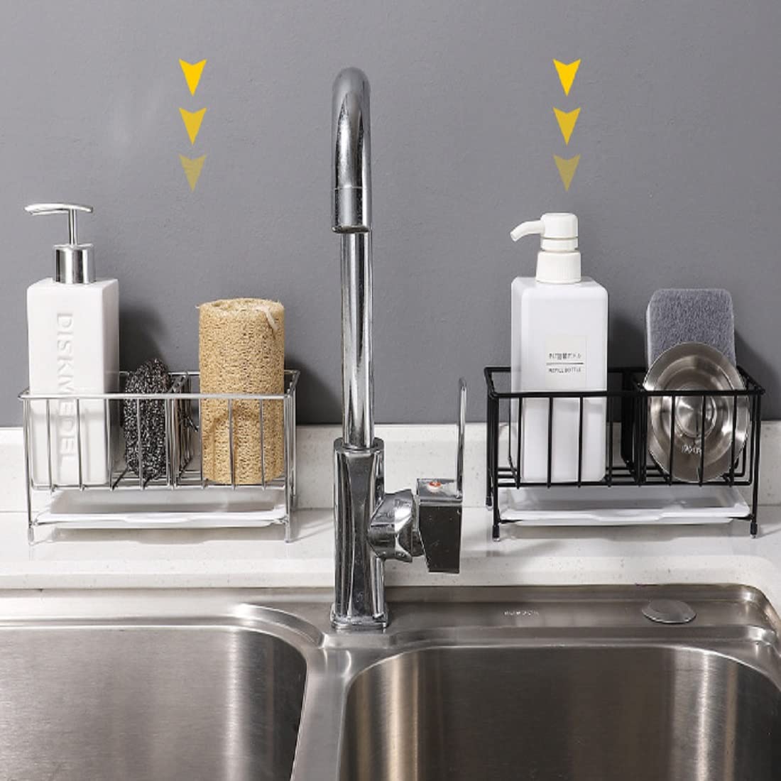 Sponge Holder Kitchen Sink Caddy Organizer,304 Stainless Steel Sink Soap Dispenser Caddy Rustproof Sink Rack Kitchen Sink Sponge Holder Soon Neat Sink Caddy Basket with Removable Divider Drain Tray