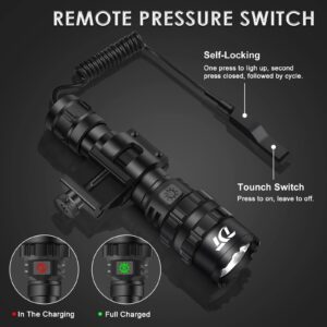 TDT 3000 Lumen Tactical Flashlight LED Tactical Light Comes with IPX7 Waterproof, 2 Switch Modes, 5 Modes Super Bright, Rechargeable Picatinny Flashlight for Tactical and Outdoor Scenes