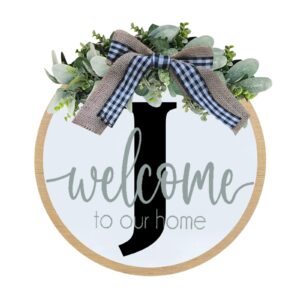 initial last name year round front door wreath, round unique welcome sign garland with bow, farmhouse creative 26 letter front door wreath for all seasons, outside hanger spring decor gift (j)