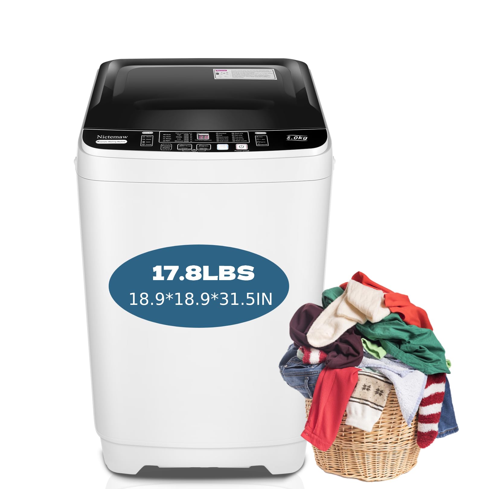 Nictemaw Portable Washing Machine, 17.8Lbs Capacity Full Automatic Compact Laundry Washer, 2.3 Cu.ft Portable Washer with 10 Wash Programs & 8 Water Levels & Drain Pump for Apartment, RV, Dorm