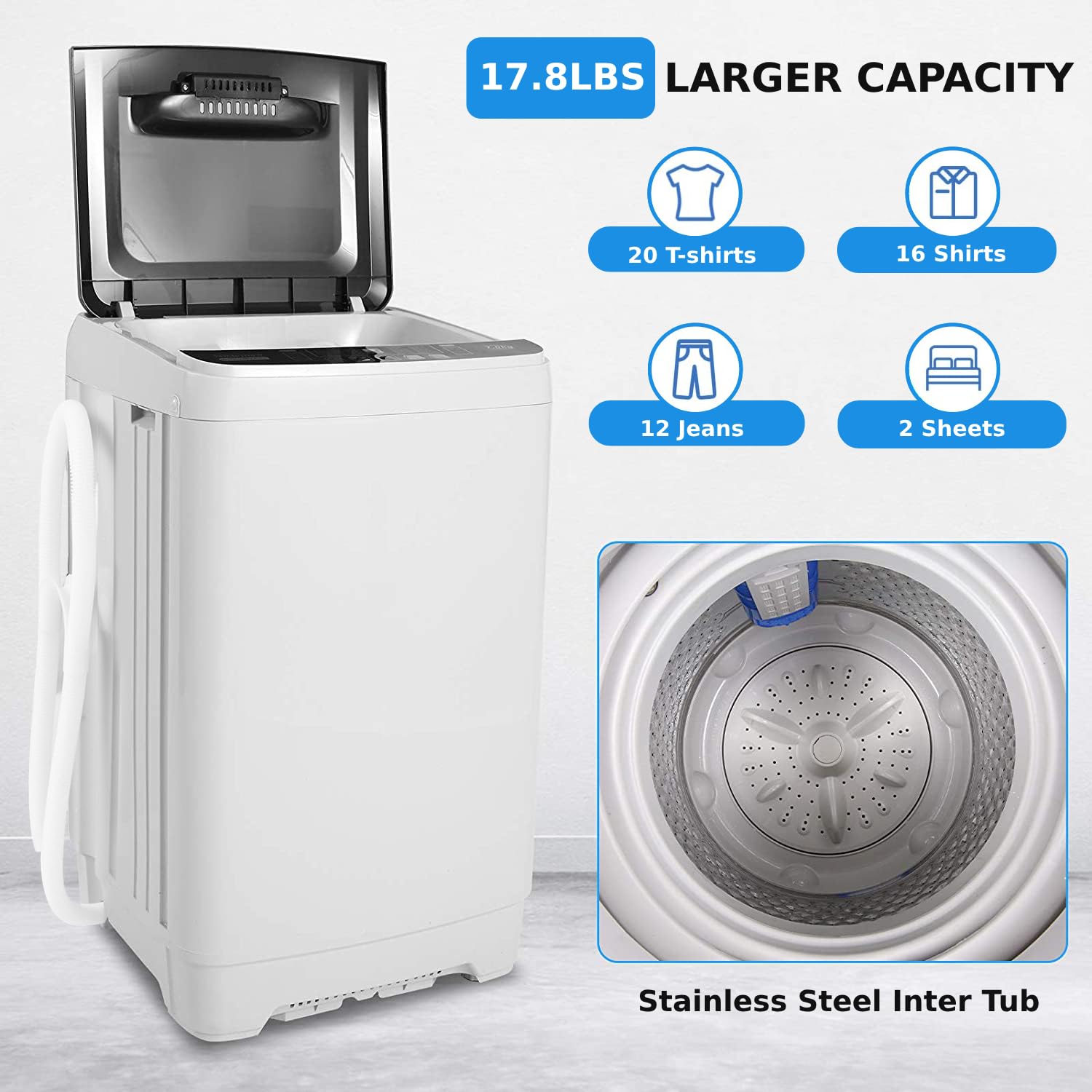 Nictemaw Portable Washing Machine, 17.8Lbs Capacity Full Automatic Compact Laundry Washer, 2.3 Cu.ft Portable Washer with 10 Wash Programs & 8 Water Levels & Drain Pump for Apartment, RV, Dorm