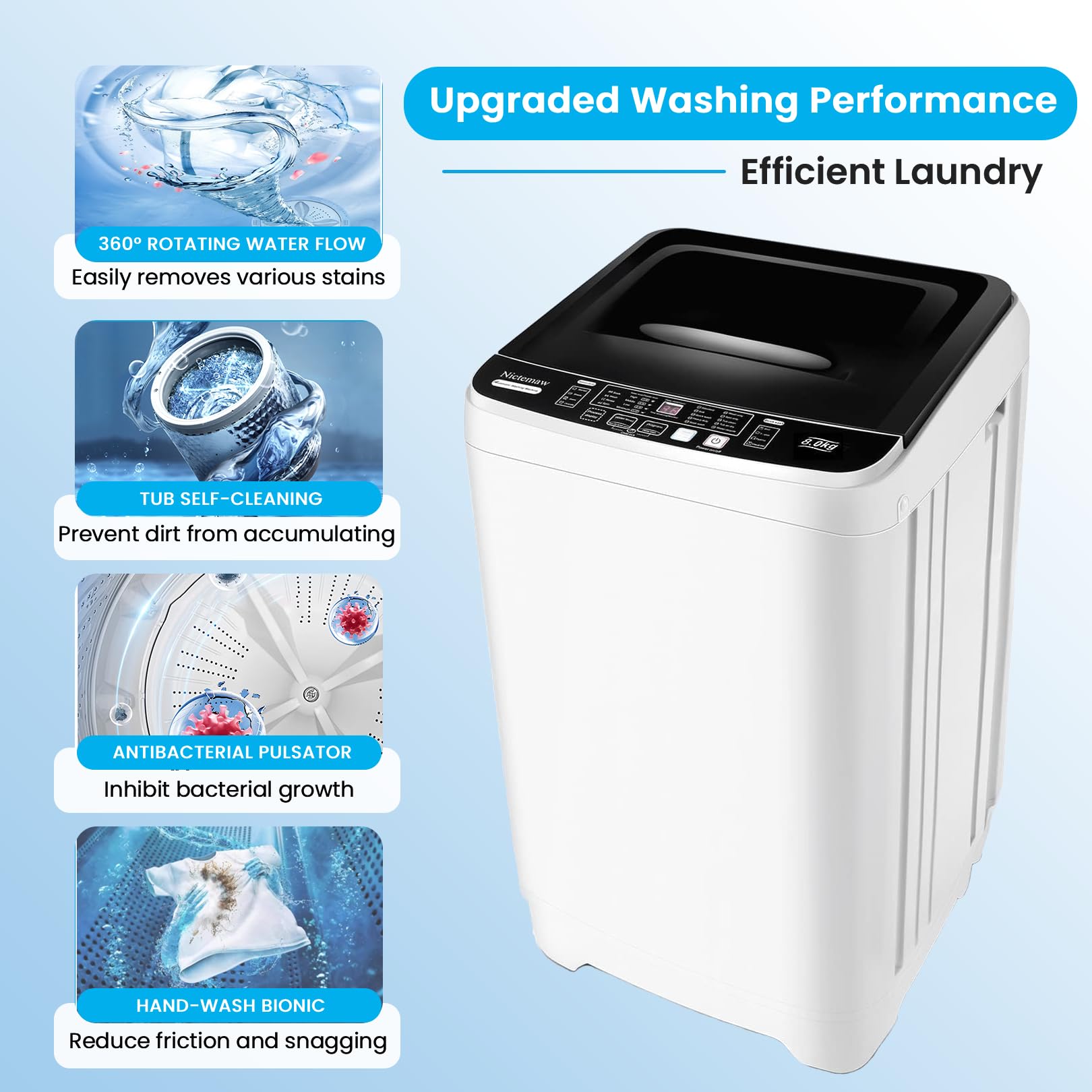 Nictemaw Portable Washing Machine, 17.8Lbs Capacity Full Automatic Compact Laundry Washer, 2.3 Cu.ft Portable Washer with 10 Wash Programs & 8 Water Levels & Drain Pump for Apartment, RV, Dorm