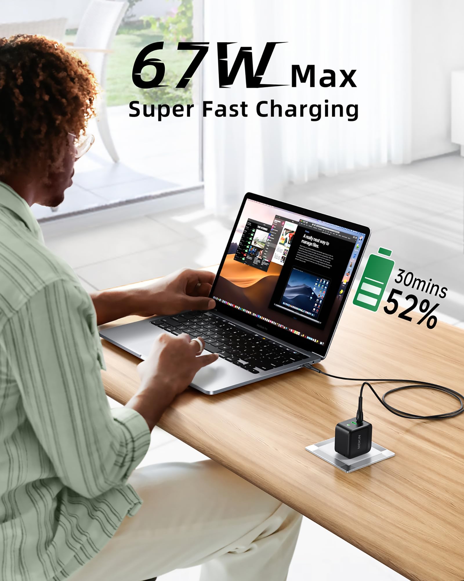 MOKiN 67W USB C Charger Block, GaN+ DP 3.0 USB C Fast Charging with Foldable Plug for MacBook Air, iPad Pro, iPhone 15 14 13 12 Pro/Plus/Pro Max, Galaxy S23, Apple Watch.
