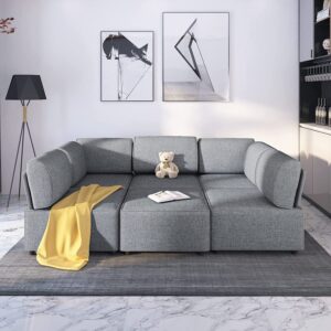 mjkone sleeper sectional sofa bed convertible u shaped sofa with ottoman linen fabric l shaped couch variable modular sectional sofa couches for living room apartment small space, light grey