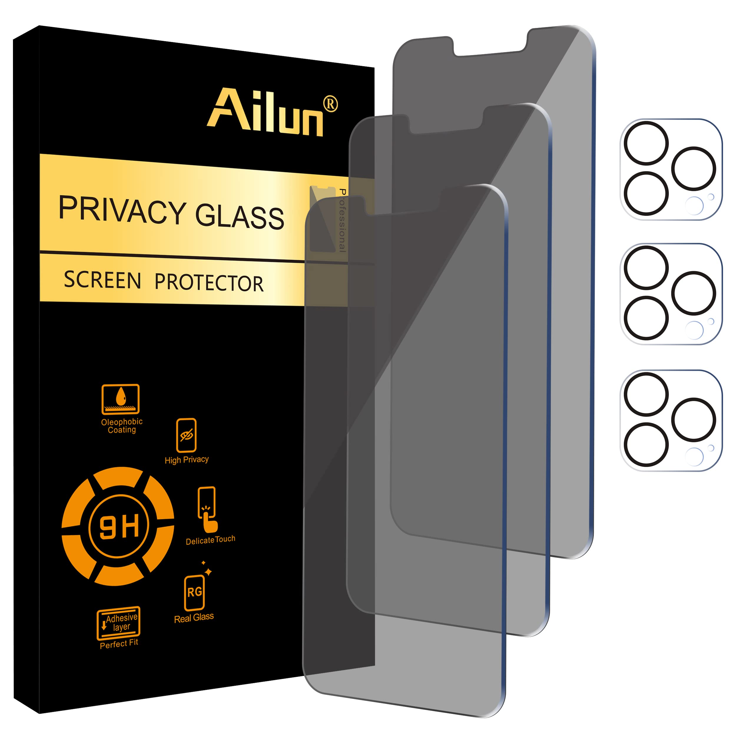 Ailun 3Pack Privacy Screen Protector for iPhone 13 Pro[6.1 inch Display] + 3 Pack Camera Lens Protector, Anti Spy Private Tempered Glass Film,[9H Hardness] - HD [Black][6 Pack]