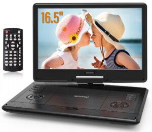 wonnie 16.5" portable dvd player with 14.1" large hd swivel screen, 6 hours rechargeable battery, high clear volume speaker, support usb/sd card/sync tv, last memory and multiple disc formats
