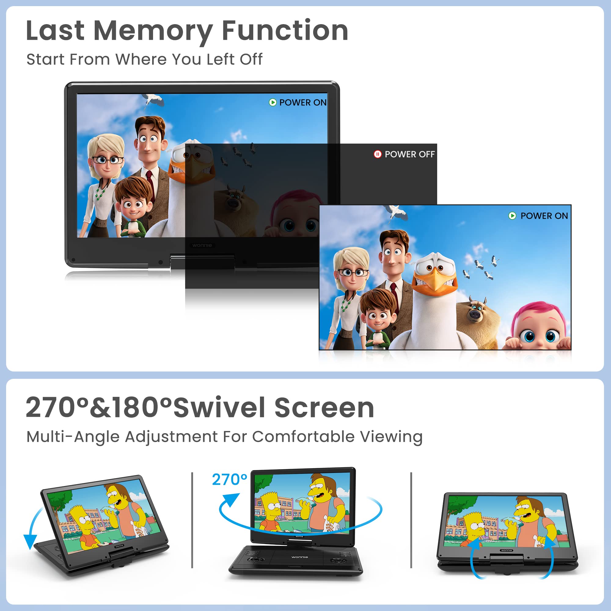 WONNIE 16.5" Portable DVD Player with 14.1" Large HD Swivel Screen, 6 Hours Rechargeable Battery, High Clear Volume Speaker, Support USB/SD Card/Sync TV, Last Memory and Multiple Disc Formats