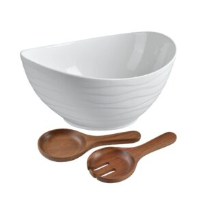 kiteiscat extra large elegant ceramic oval salad bowl set with premium acacia wood salad serving utensils - large capacity, stylish and practical, kitchen must-have