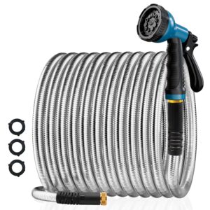 besiter garden hose 50ft stainless steel water hose with 10 functions adjustable spray nozzle, heavy-duty metal garden hose flexible durable no-tangle & kink leak dog proof hose for yard lawn(blue)