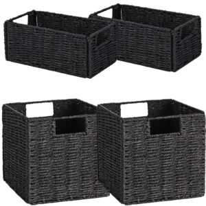 vagusicc storage basket, hand-woven paper rope wicker baskets, foldable storage bins, large and small wicker storage square baskets for shelves organizing & decor, black
