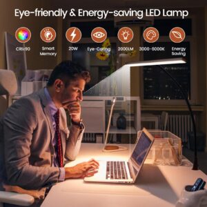 NovoLido LED Desk Lamp with Clamp, 23" Wide Desk Light for Home Office, 20W Brightest, 2000LM, 3 Color Modes & Dimmable Brightness with Touch Control, Tall Flexible Light for Monitor Studio Reading