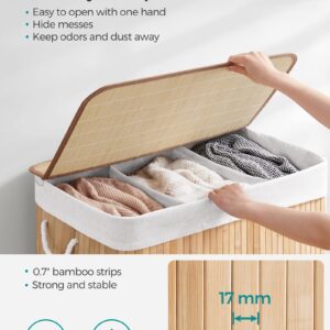 SONGMICS Laundry Hamper, 39.6 Gallons (150L), 3-Section Laundry Basket, Laundry Hamper with Lid, Bamboo, Foldable, Removable and Machine Washable Liner, for Laundry Room, Bedroom, Natural ULCB091N01