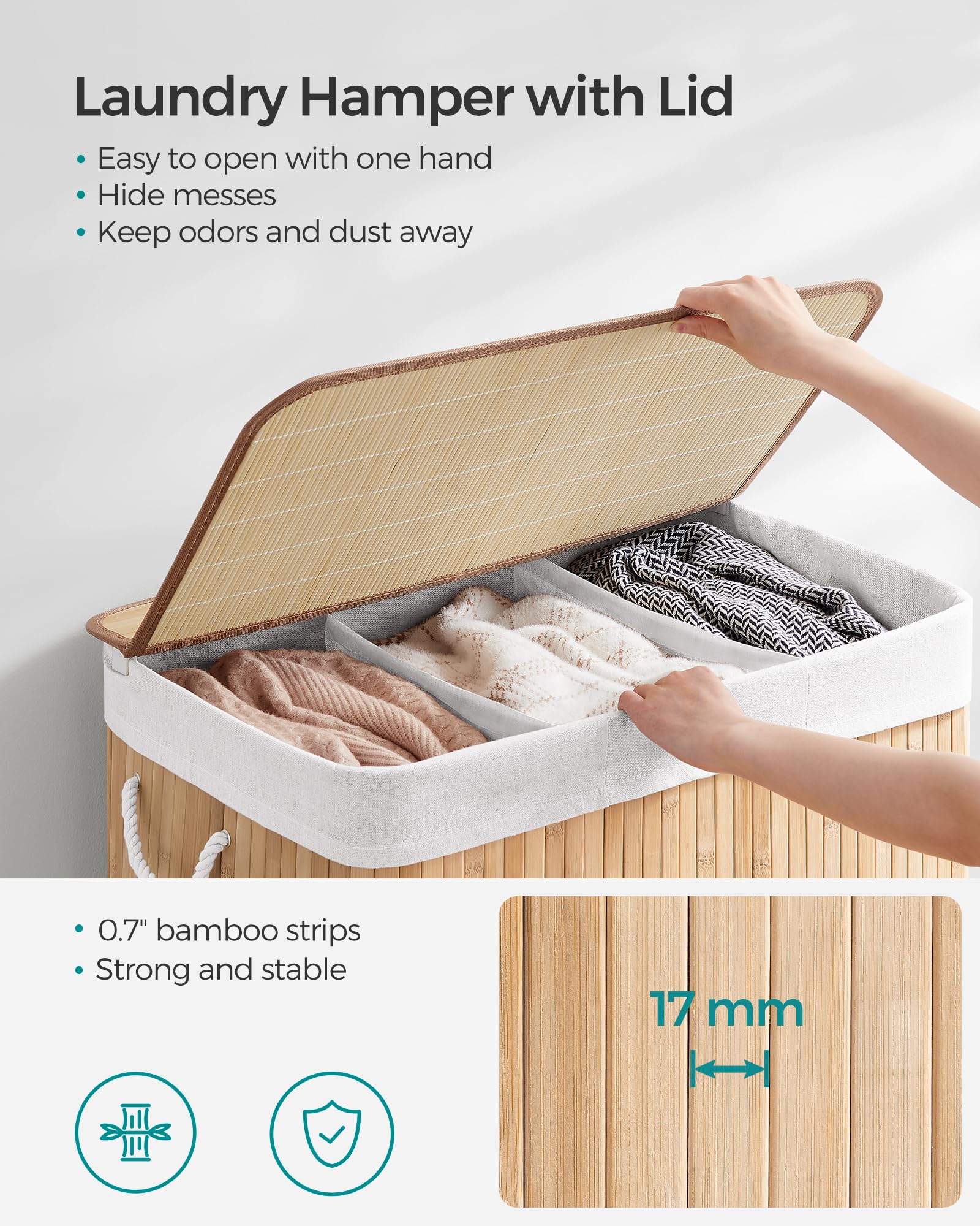 SONGMICS Laundry Hamper, 39.6 Gallons (150L), 3-Section Laundry Basket, Laundry Hamper with Lid, Bamboo, Foldable, Removable and Machine Washable Liner, for Laundry Room, Bedroom, Natural ULCB091N01